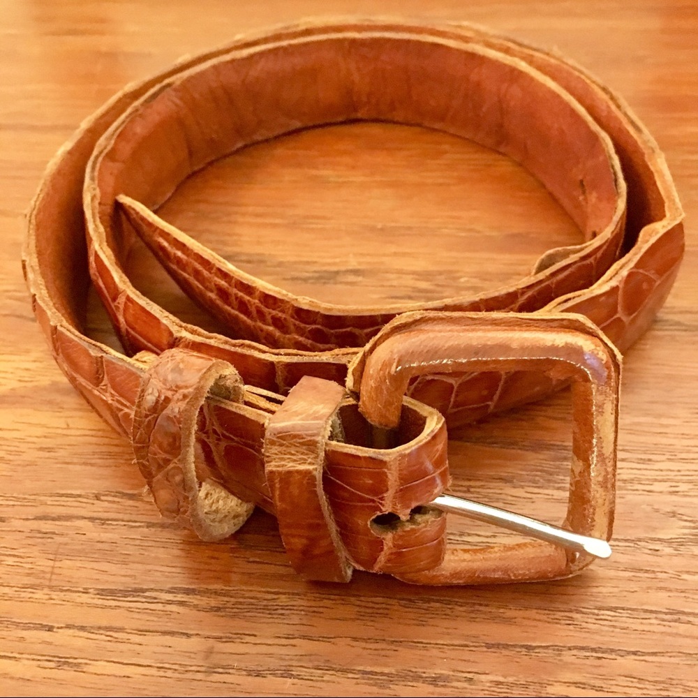 Crocodile-print Brown Leather Belt